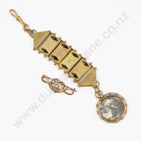 Vintage Gold Plated Chatelaine with Double Sided Photo Locket Pendant and Brooch