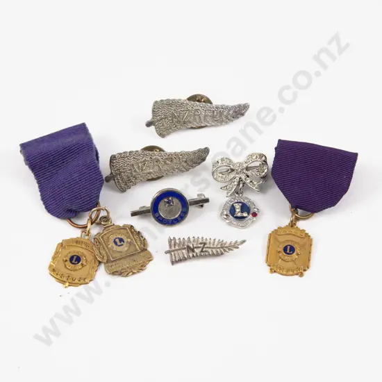 Three Gold Plated Lions Medallions with Three Silver NZ Fern Brooches and Two Others