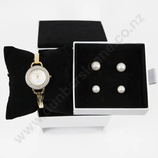 Original Boxed Pierre Cardin Ladies Wrist Watch with Two Pairs Imitation Pearl Stud Earrings