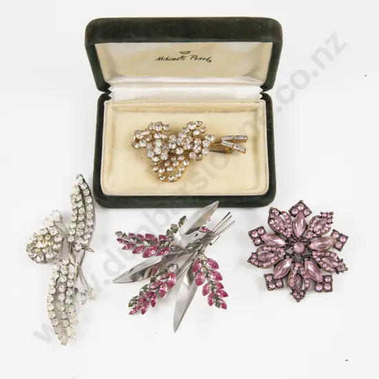 Four Large Pink and White Crystal Stone Costume Jewellery Brooches