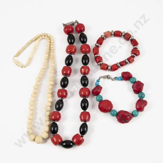Single Strand Ivory Carved Bead Necklace and Three Others