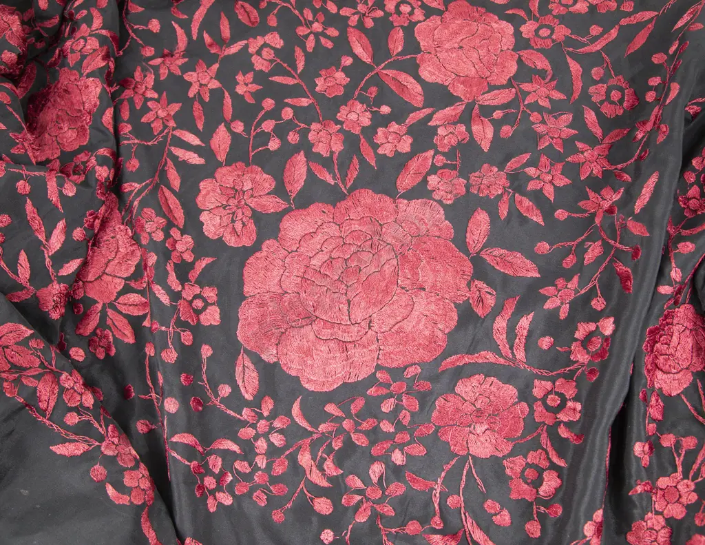 Large Black Silk and Floral Embroidered Piano Shawl Image 1++