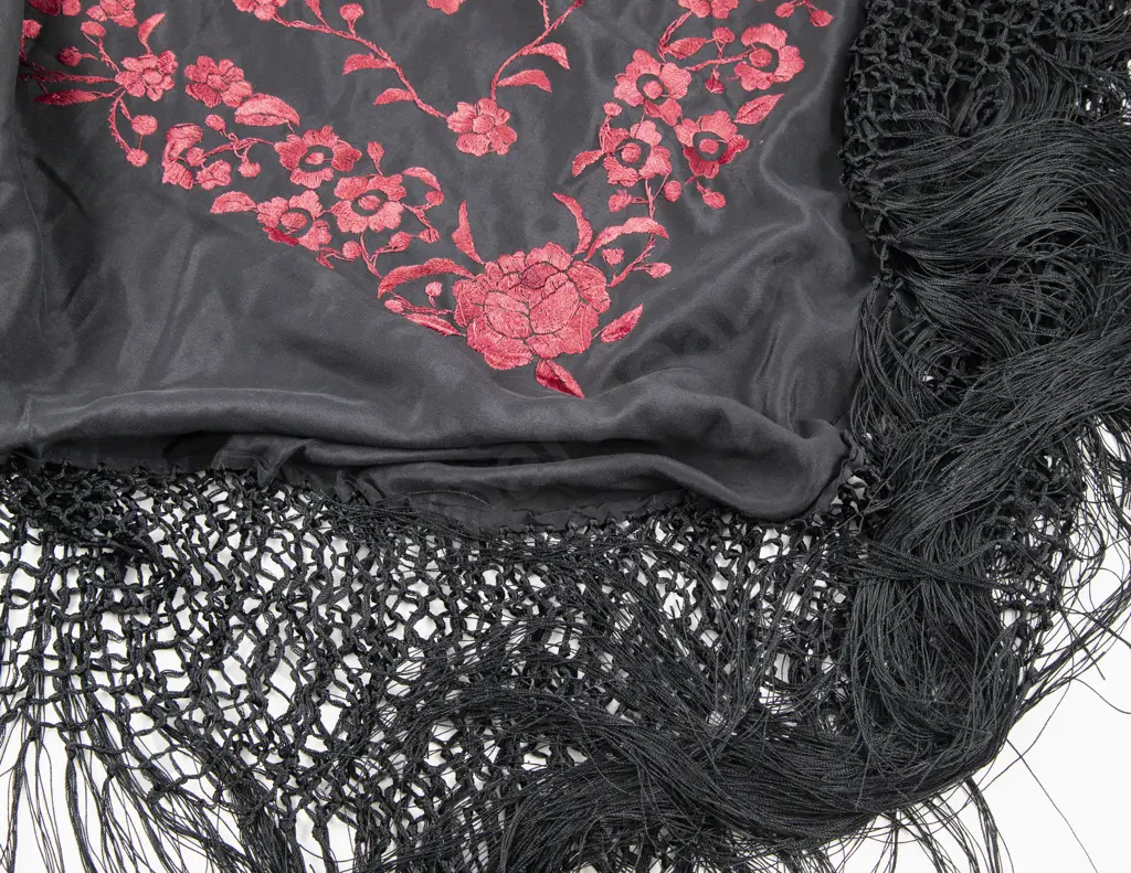 Large Black Silk and Floral Embroidered Piano Shawl Image 1++