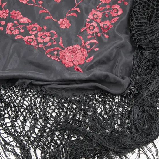 Large Black Silk and Floral Embroidered Piano Shawl