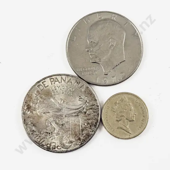 1947 Panama One Balboa 90% Silver Coin with 1972 US Silver Dollar and 1985 UK One Pound Coin