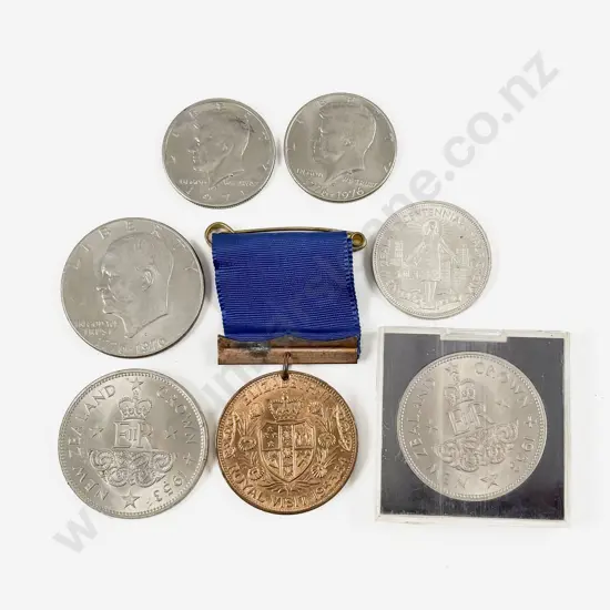 Mixed Lot  NZ 1953 Crown x2 1940 Half Crown 1953 Royal Visit Medal US Dollar & Two Half