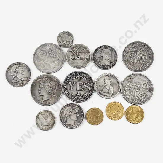 US One Dollar and Half Dollar Copy Coins x11 with Yes No Coin and Copy Sovereigns and Franc