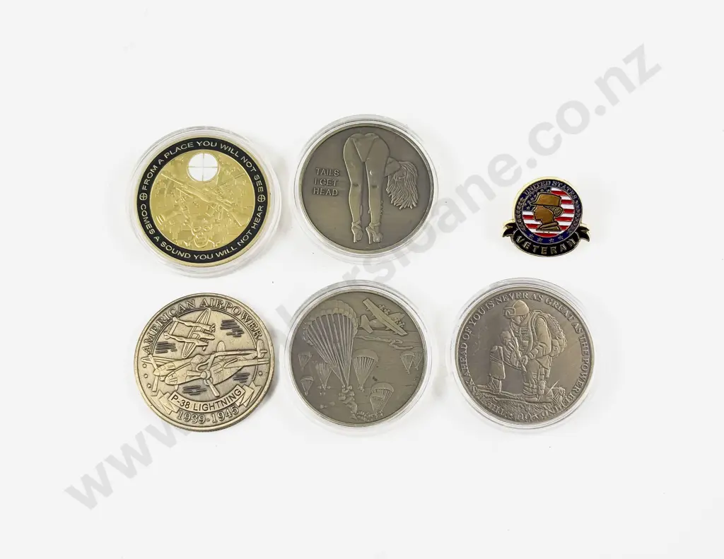 Four US Military Medallions Other and Lapel Pin Image 1++