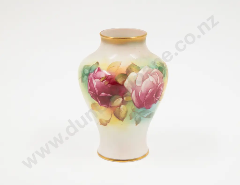Royal Worcester Small Baluster Vase painted with roses signed M Hunt 10.5cm H Image 1++