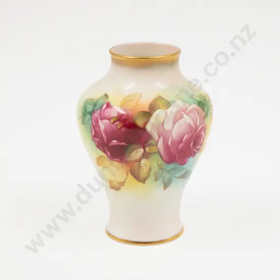 Royal Worcester Small Baluster Vase painted with roses signed M Hunt 10.5cm H