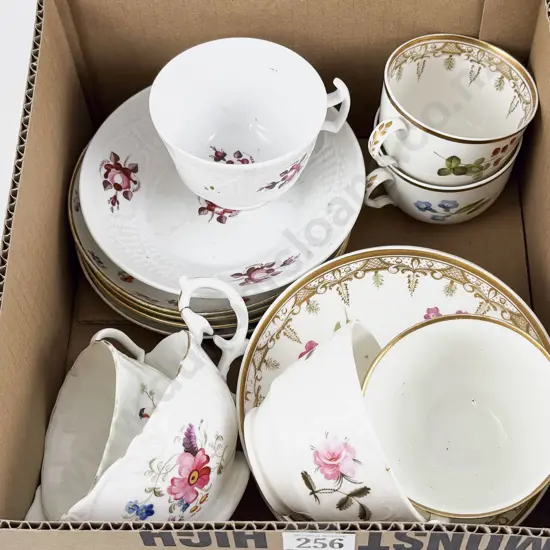 Collection Early C19th English Porcelain Handpainted Cups and Saucers with Odds
