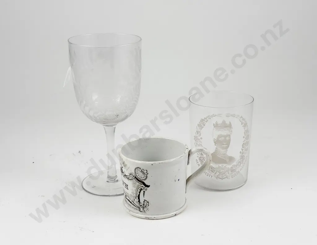 Victorian Earthenware Mug 'Joseph' with Monogramed Wine Glass Royal Tumbler and Other Image 1++