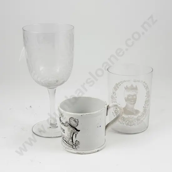 Victorian Earthenware Mug 'Joseph' with Monogramed Wine Glass Royal Tumbler and Other