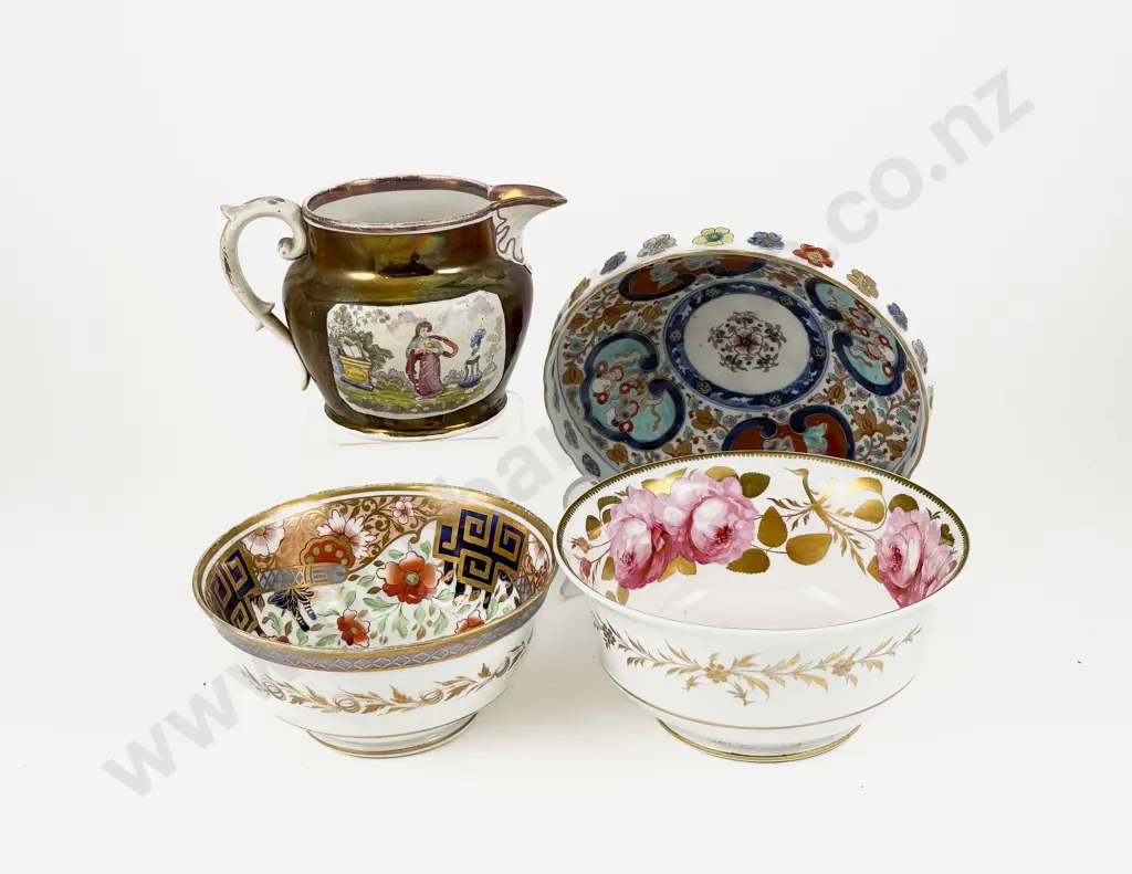 Early C19th English Handpainted Two Bowls Sunderland Lustre Jug and Imari Dish Image 1++