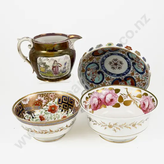 Early C19th English Handpainted Two Bowls Sunderland Lustre Jug and Imari Dish