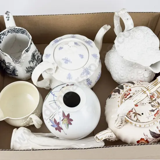 Two Victorian Earthenware Teapots with Lidded Jug and Various some faults
