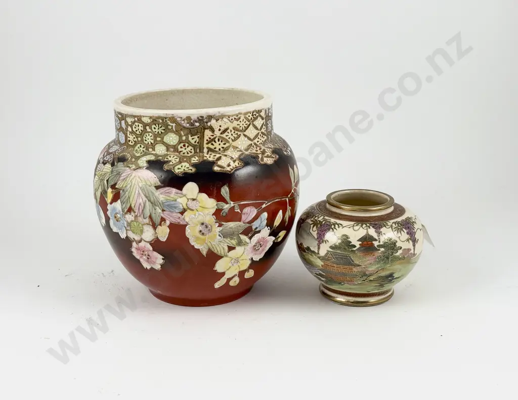 Meiji Period Japanese Satsuma Posy Vase and Rose Vase Handpainted Image 1++