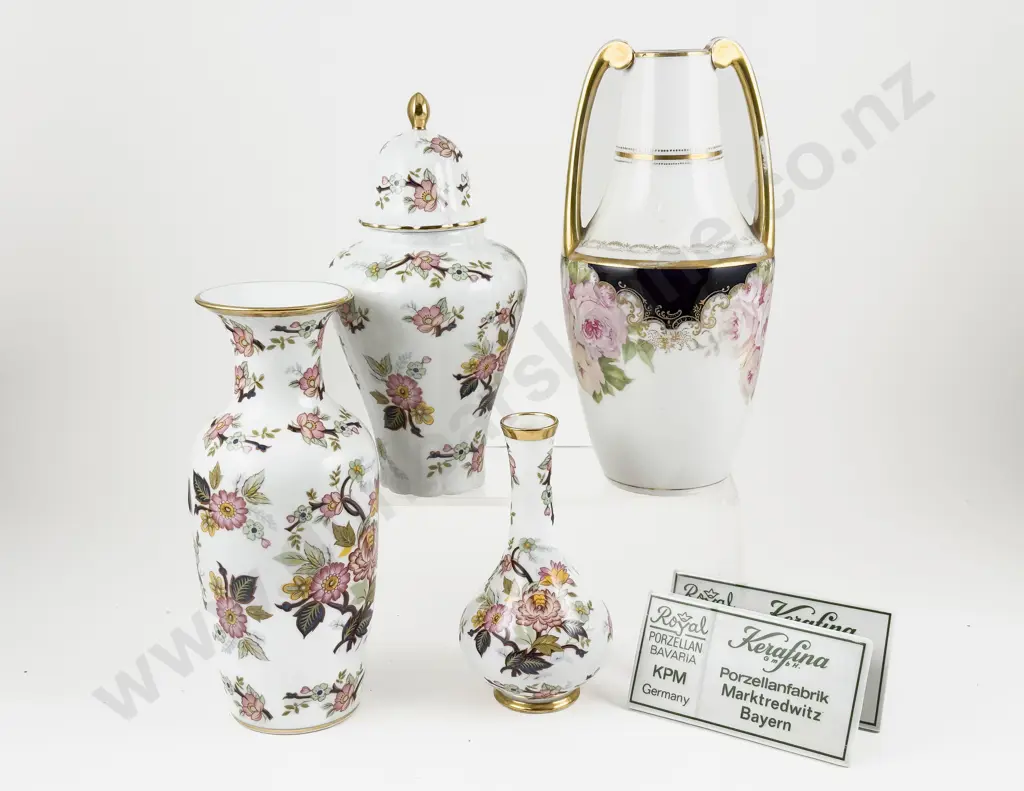 Three KPM Royal Porcelain Bavaria Vases with Two Shop Shelf Labels and Other Vase Image 1++