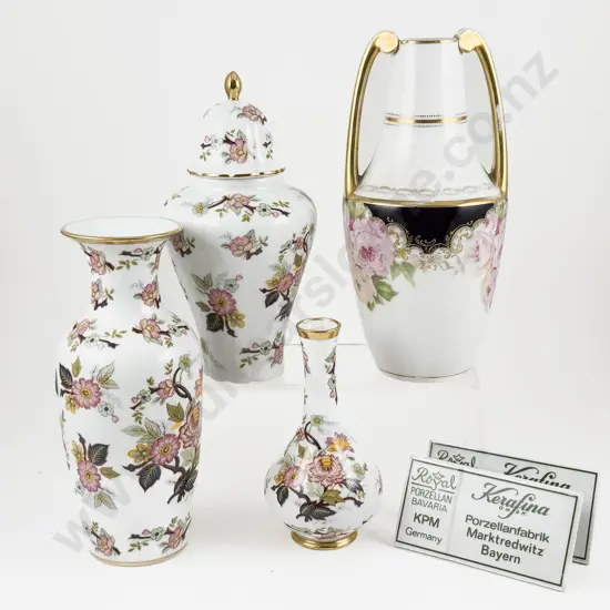 Three KPM Royal Porcelain Bavaria Vases with Two Shop Shelf Labels and Other Vase