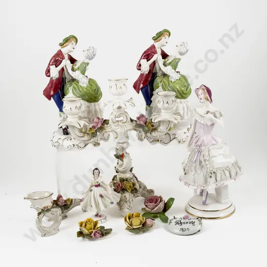 Dresden Three-Light Candelabra Figurines and Various