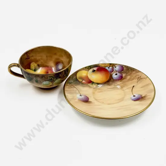 Royal Worcester Handpainted Fruit Miniature Cup and Saucer signed Roberts