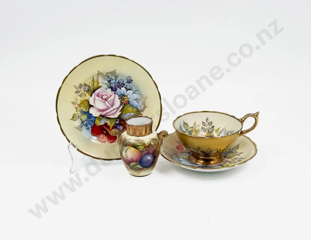 Aynsley Handcoloured Bailey Tea Cup Saucer and Plate with Posy Vase Image 1++