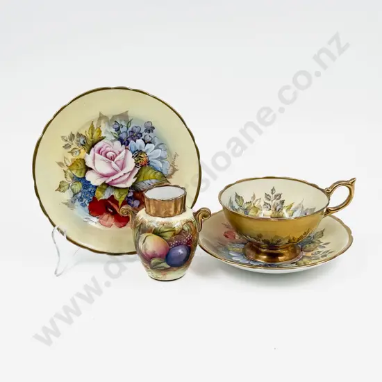 Aynsley Handcoloured Bailey Tea Cup Saucer and Plate with Posy Vase