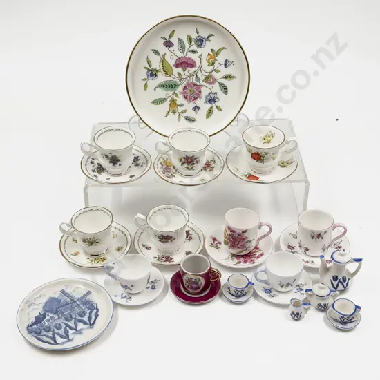 Ten Miniature Various Manufacture Miniature Cups and Saucers with Mini Teaset and Dish
