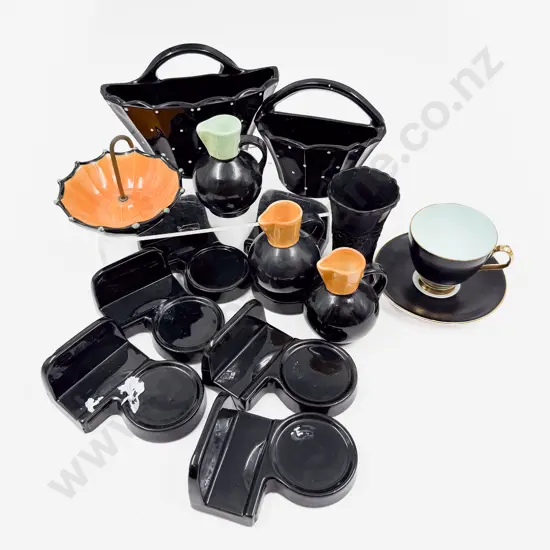 Collection Black Glazed Earthenware Wall Pockets Jugs & Display Stands