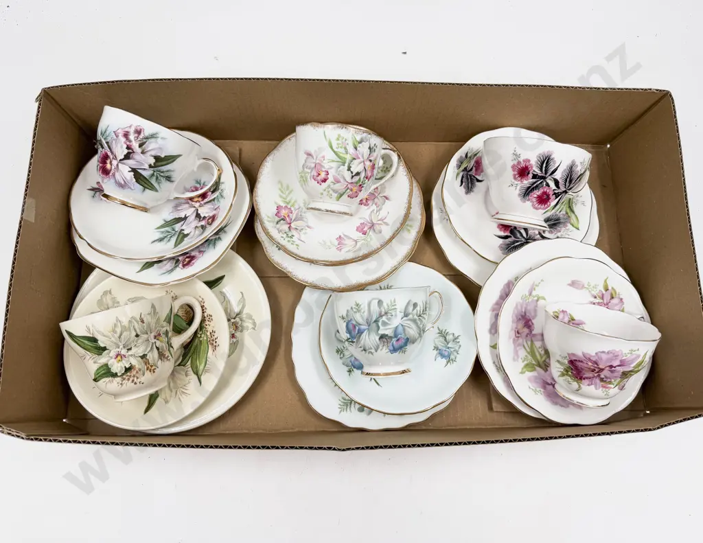 Six Orchid Pattern Tea Cup Saucer & Plates Image 1++