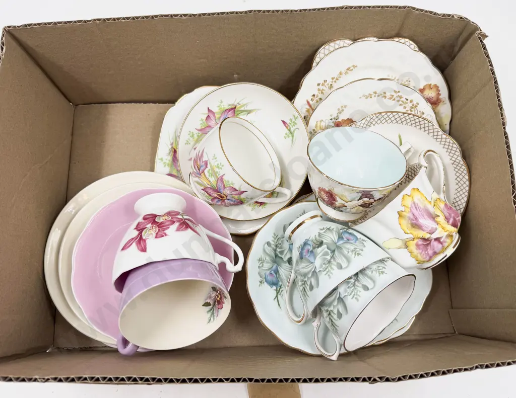 Seven Orchid Pattern Tea Cup Saucer & Plates Image 1++