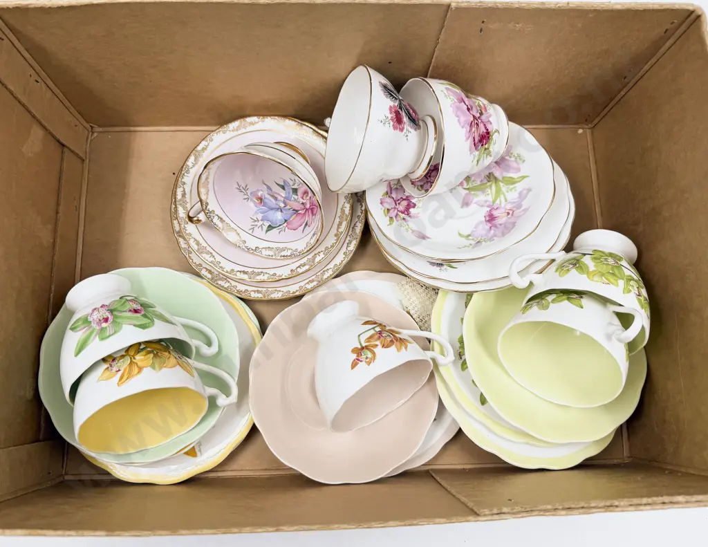 Seven Orchid Pattern Tea Cup Saucer & Plates Image 1++