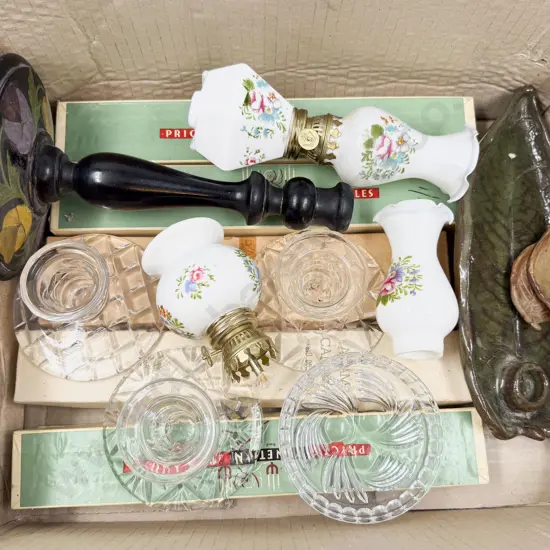 Vintage Boxed Candles with Various Candlesticks Lanterns etc