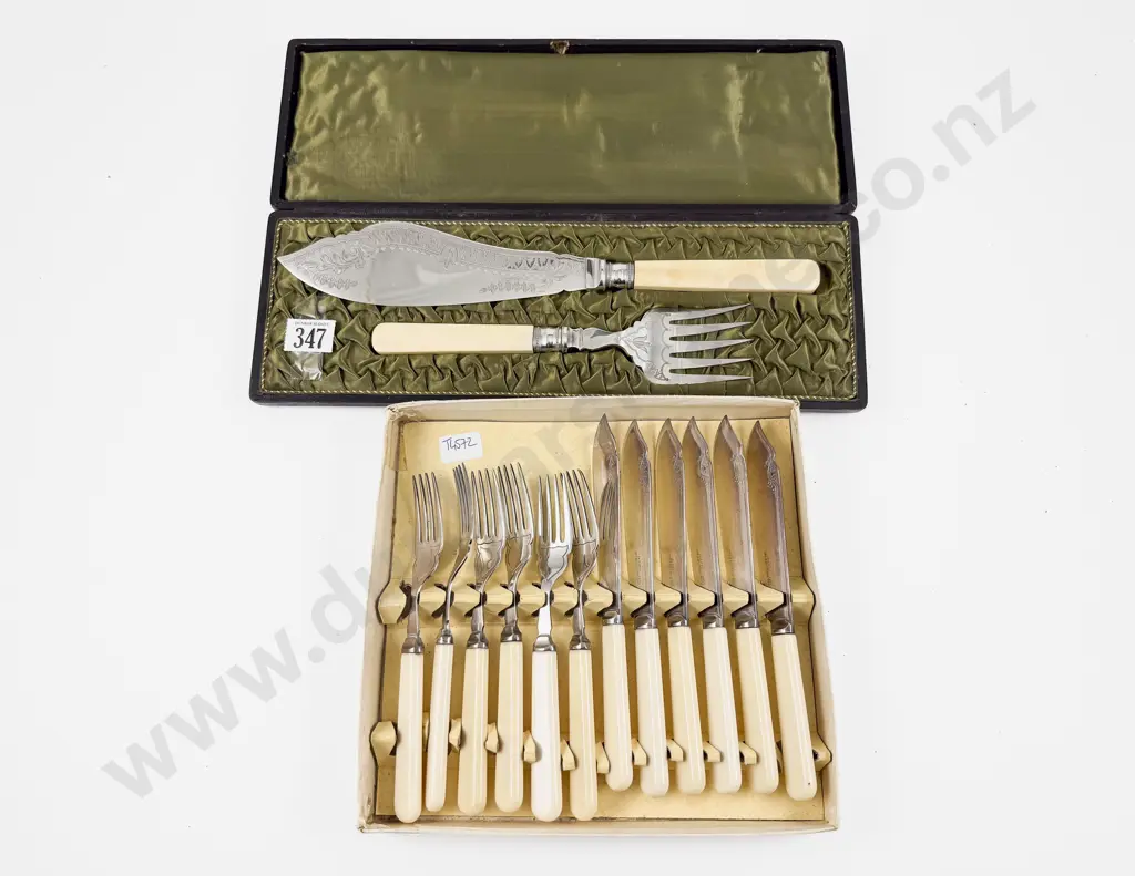 Antique Fish Serving Slicing Fork with Set of Six Knives & Forks Image 1++