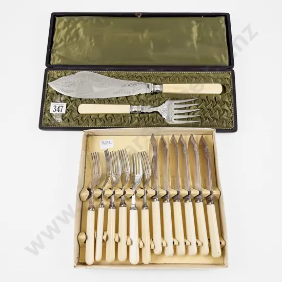 Antique Fish Serving Slicing Fork with Set of Six Knives & Forks
