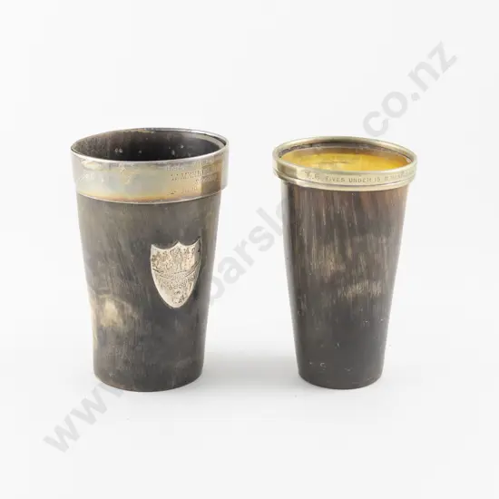 Two Vict Horn Beakers with Faults S/Silver Rim on Larger