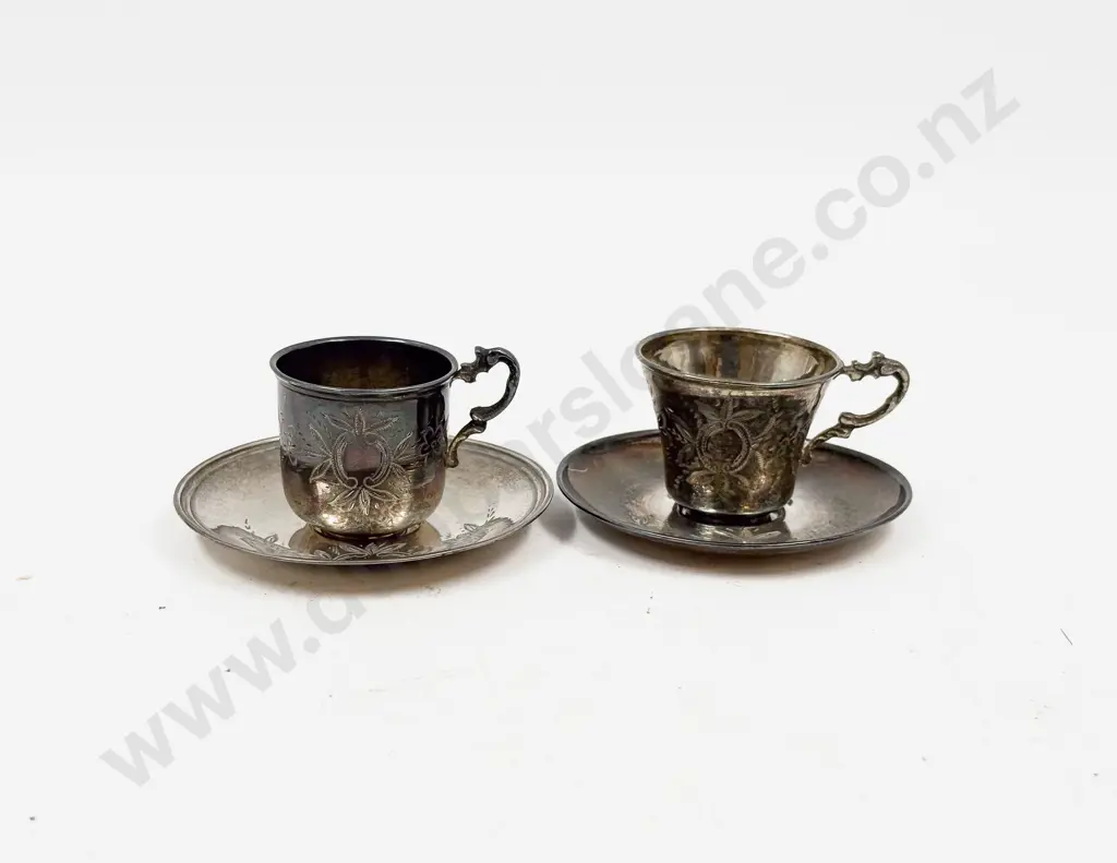 Two Fine Silver Miniature Cups & Saucers Image 1++