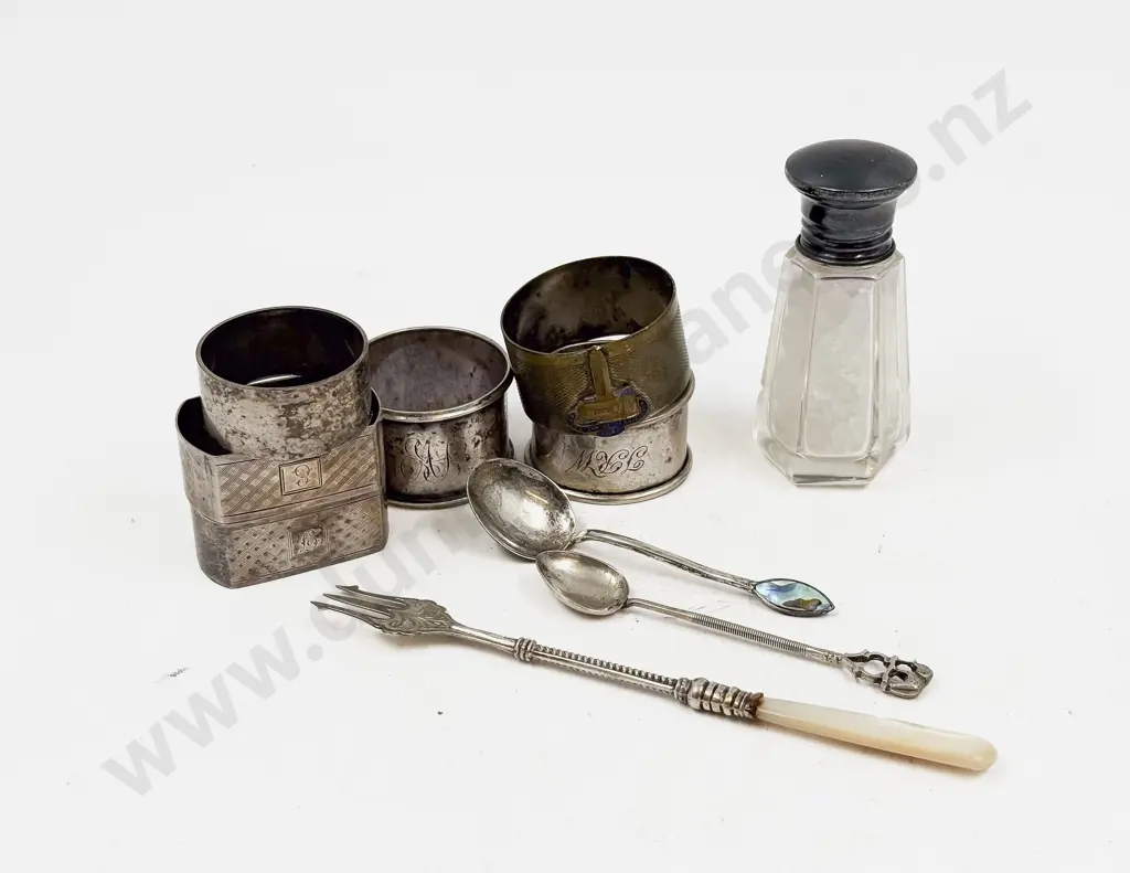 Sterling Silver Five Napkins Rings Silver Topped Salts Pickle Fork & Two Spoons Image 1++