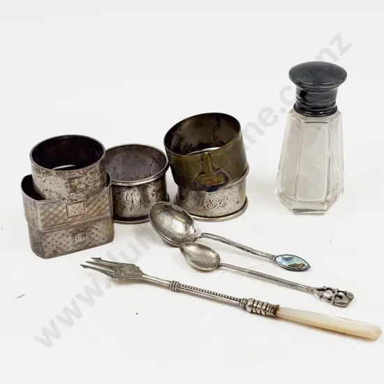 Sterling Silver Five Napkins Rings Silver Topped Salts Pickle Fork & Two Spoons