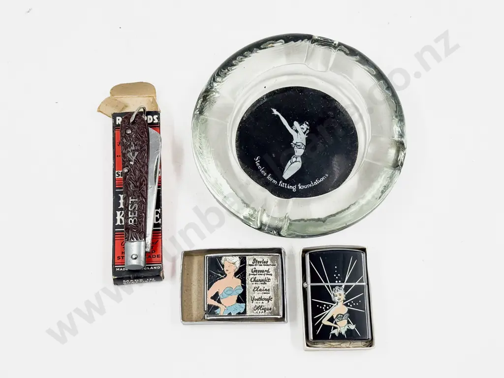 Two Advertising Lingerie Pocket Lighters Ashtray & Other Pocket Knife Image 1++