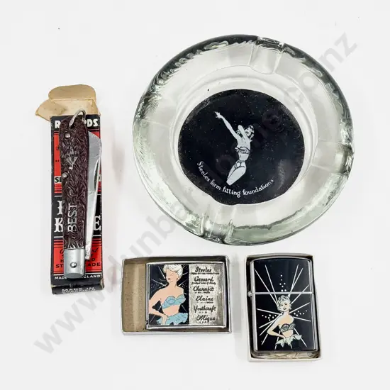 Two Advertising Lingerie Pocket Lighters Ashtray & Other Pocket Knife
