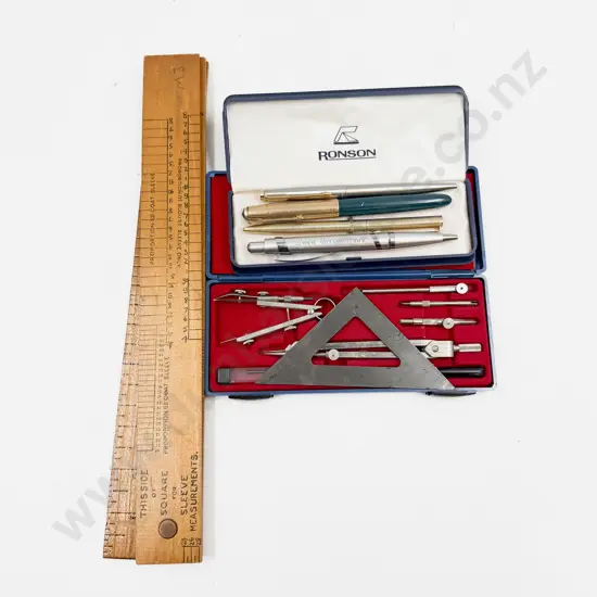 A Boxed Ronson Lighter with Two Parkers Other & Drawing Set