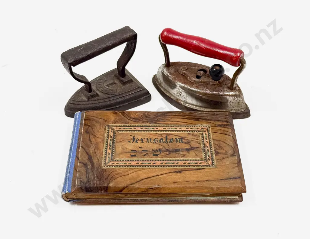 Two Vintage Lace Irons & Jerusalem Souvenir Olive Wood Book Image 1++