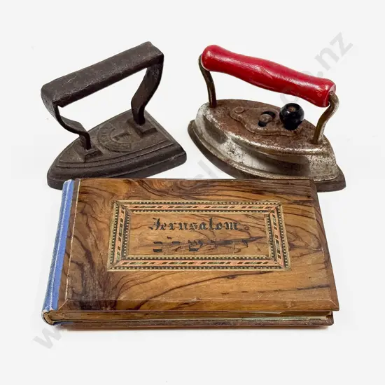 Two Vintage Lace Irons & Jerusalem Souvenir Olive Wood Book