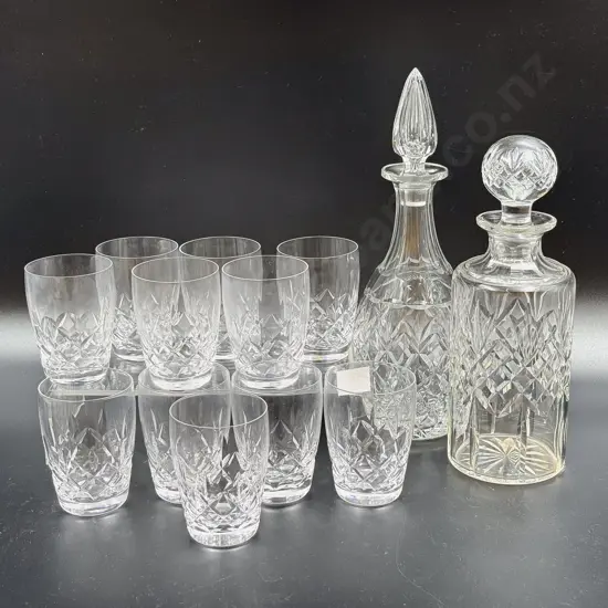 Ten Stuart Crystal Tumblers with Two Decanters