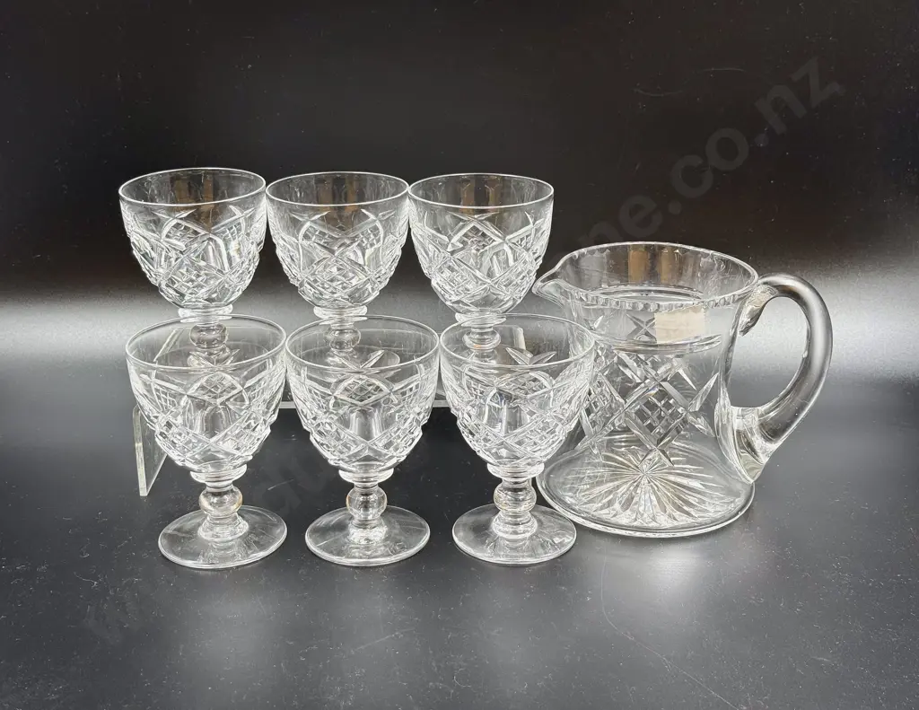 Six Stuart Crystal Wine Glasses & Water Jug Image 1++