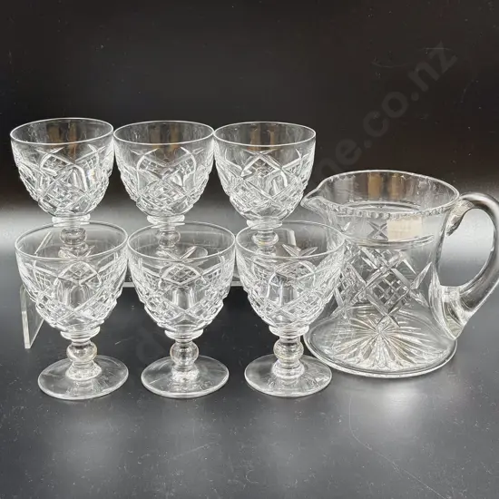 Six Stuart Crystal Wine Glasses & Water Jug