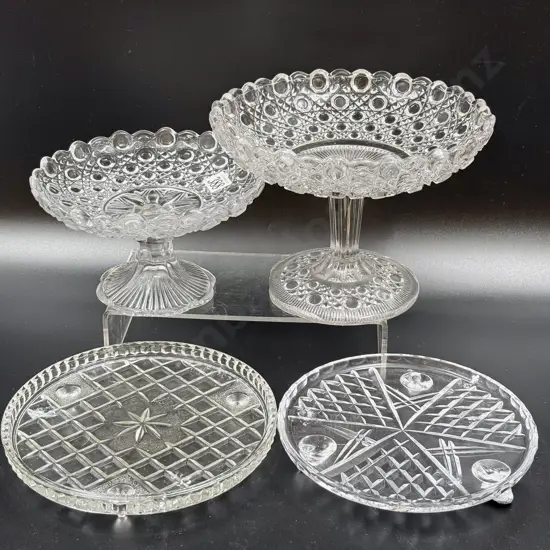 Two Edwardian Pressed Glass Comports & Two Cake Trays