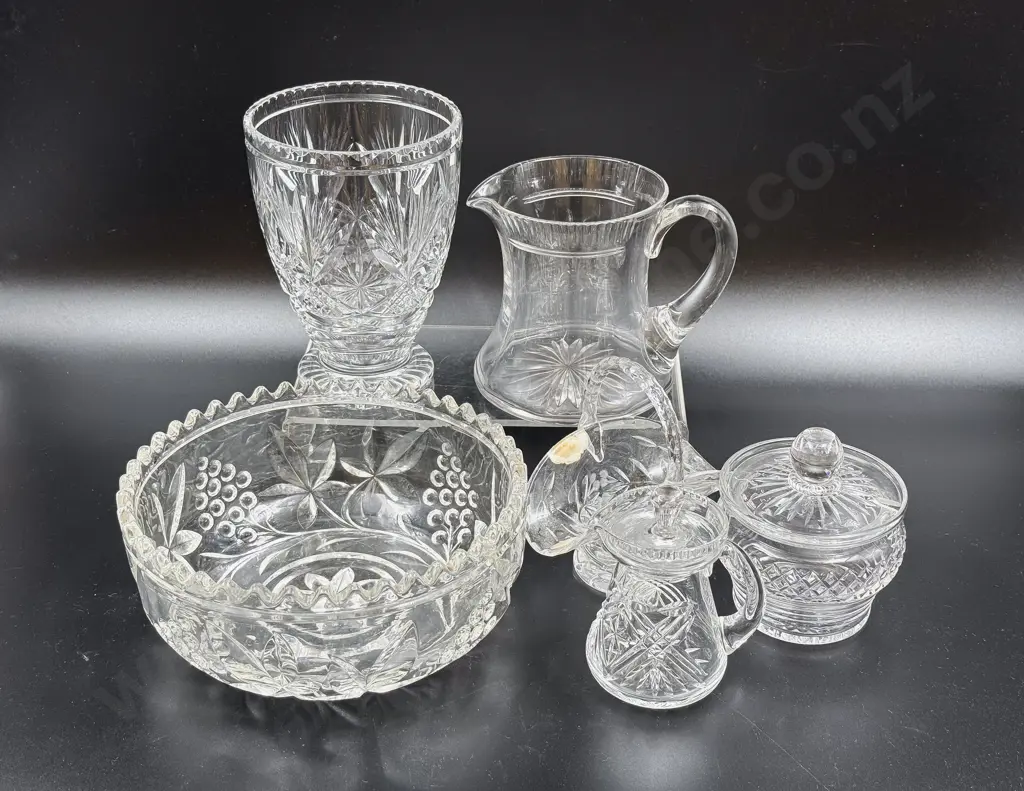 Vintage Crystal Flower Vase Water Jug Condiments & A Glass Bowl Image 1++