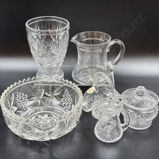 Vintage Crystal Flower Vase Water Jug Condiments & A Glass Bowl
